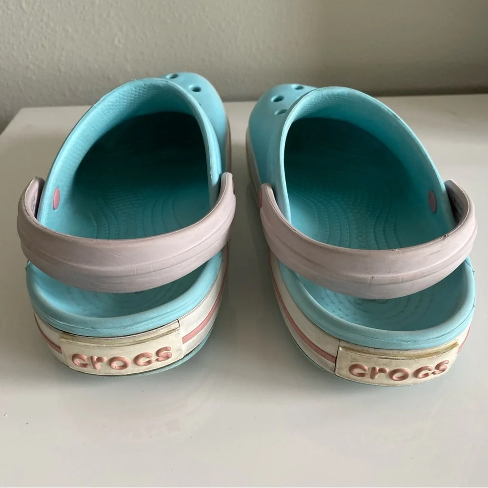 CROCS Kids Aqua Blue Clogs with Pale Pink Trim